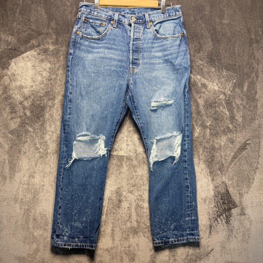 Levi's Premium Jeans Mens 30x26 Blue Cotton 501 Straight Mid Blue Distressed